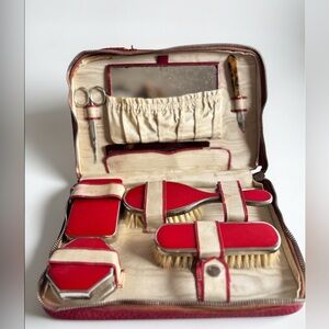 Vintage Red Vanity Grooming Set Brush Mirror Kit
